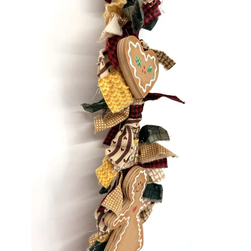 Gingergread Man Christmas Garland Fabric Scraps Ornament Unique 36